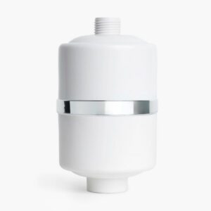 White cylindrical shower filter with chrome band