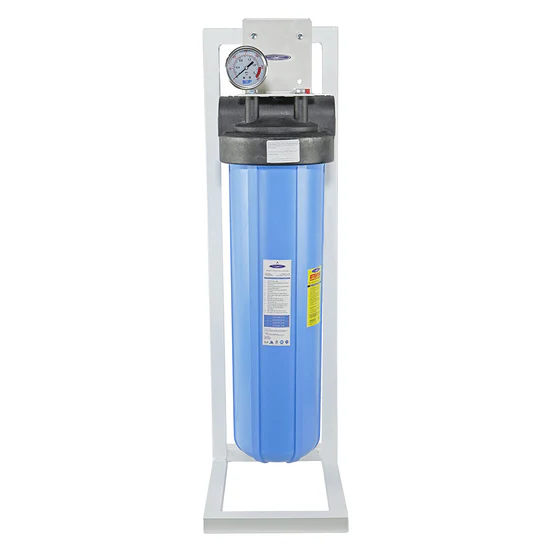 Blue whole-house water filter with pressure gauge