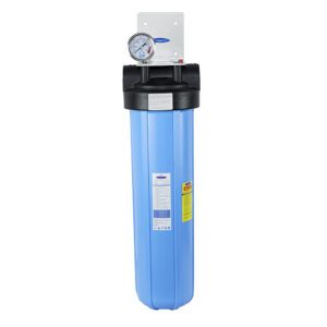 Blue water filter housing with pressure gauge