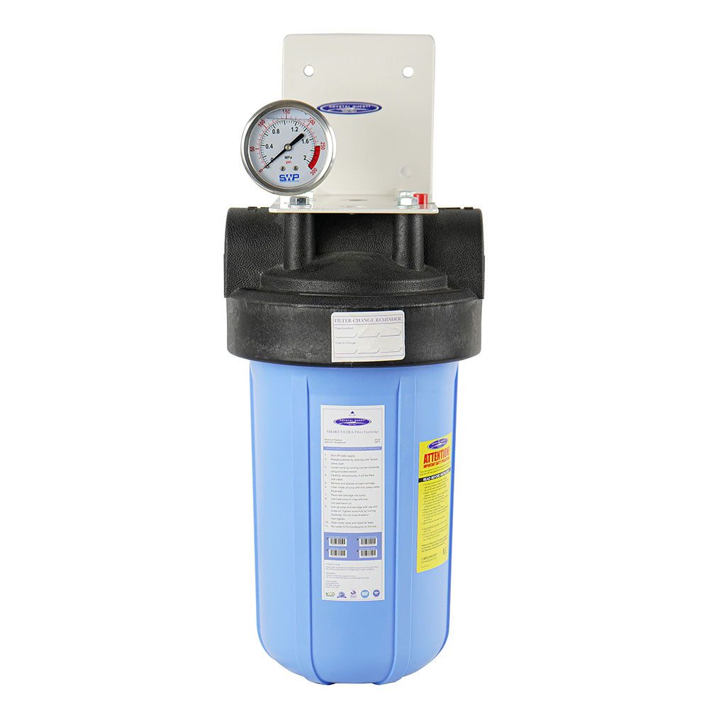 Blue water filter housing with pressure gauge