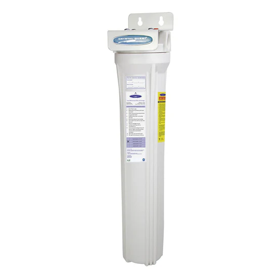 Tall white whole-house water filter housing