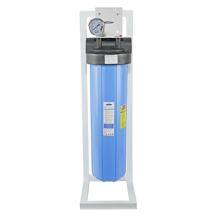 Blue water filter housing with pressure gauge