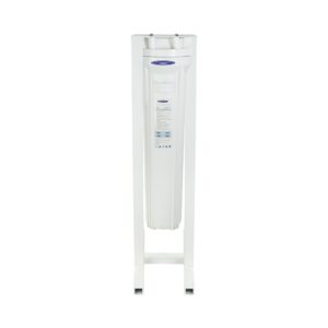 White whole-house water filter housing on stand