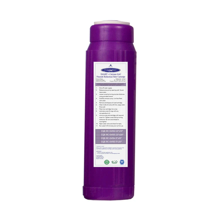 Purple water filter cartridge with product label