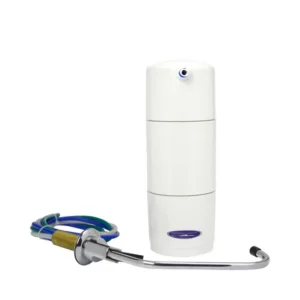 White countertop water filter with chrome faucet