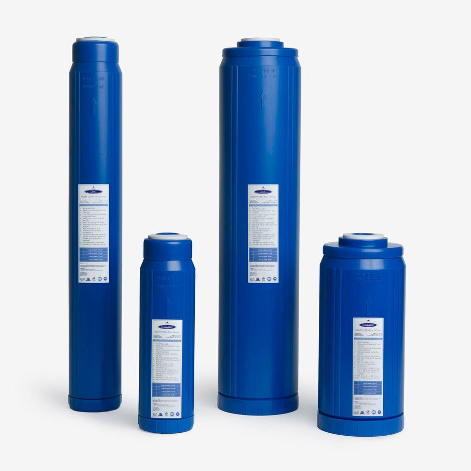 Blue water filter cartridges in various sizes