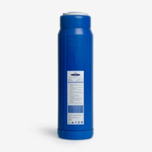 Blue water filter cartridge with label