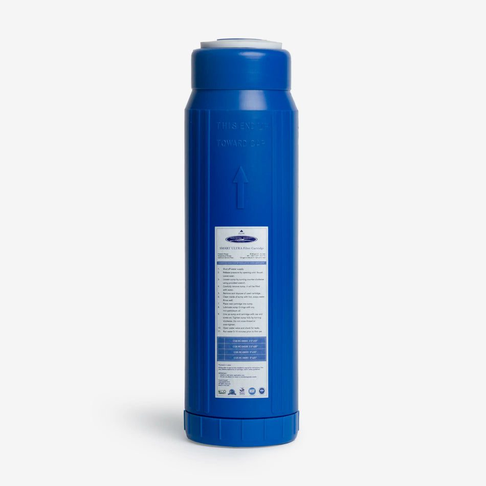 Blue water filter cartridge with label