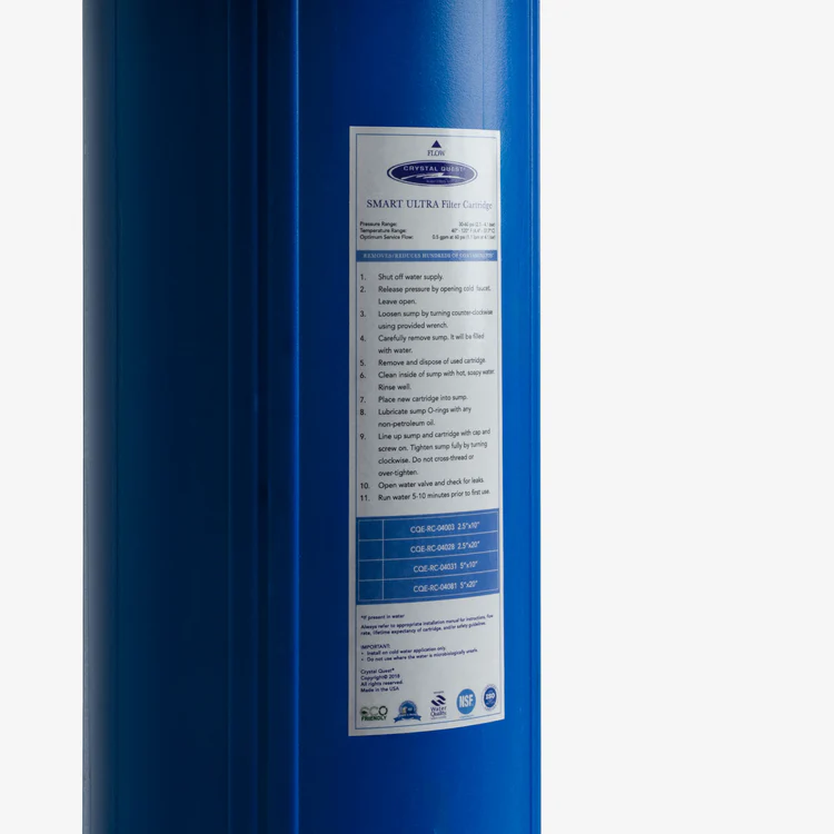Blue water filter cartridge with label