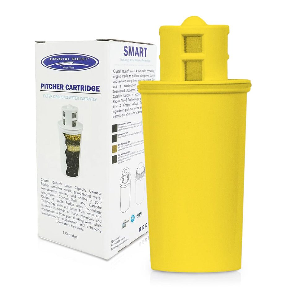 Yellow pitcher water filter cartridge and box