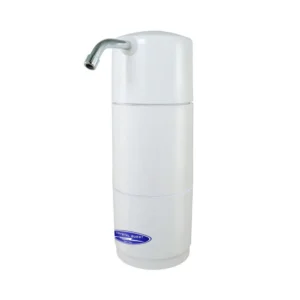 White countertop water filter with metal spout