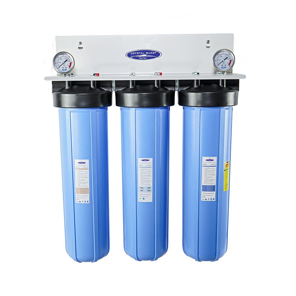 Three-stage water filter with pressure gauges