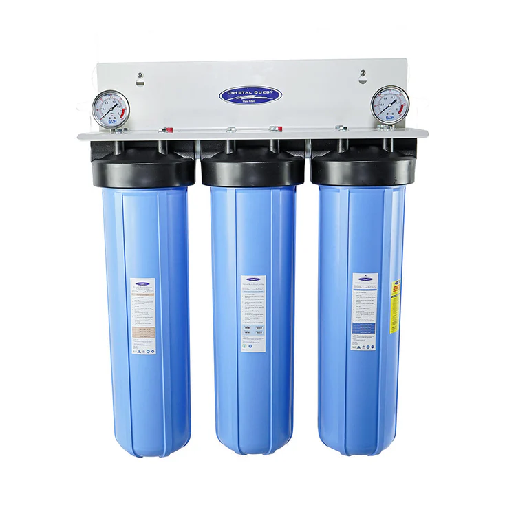 Three stage water filtration system with gauges