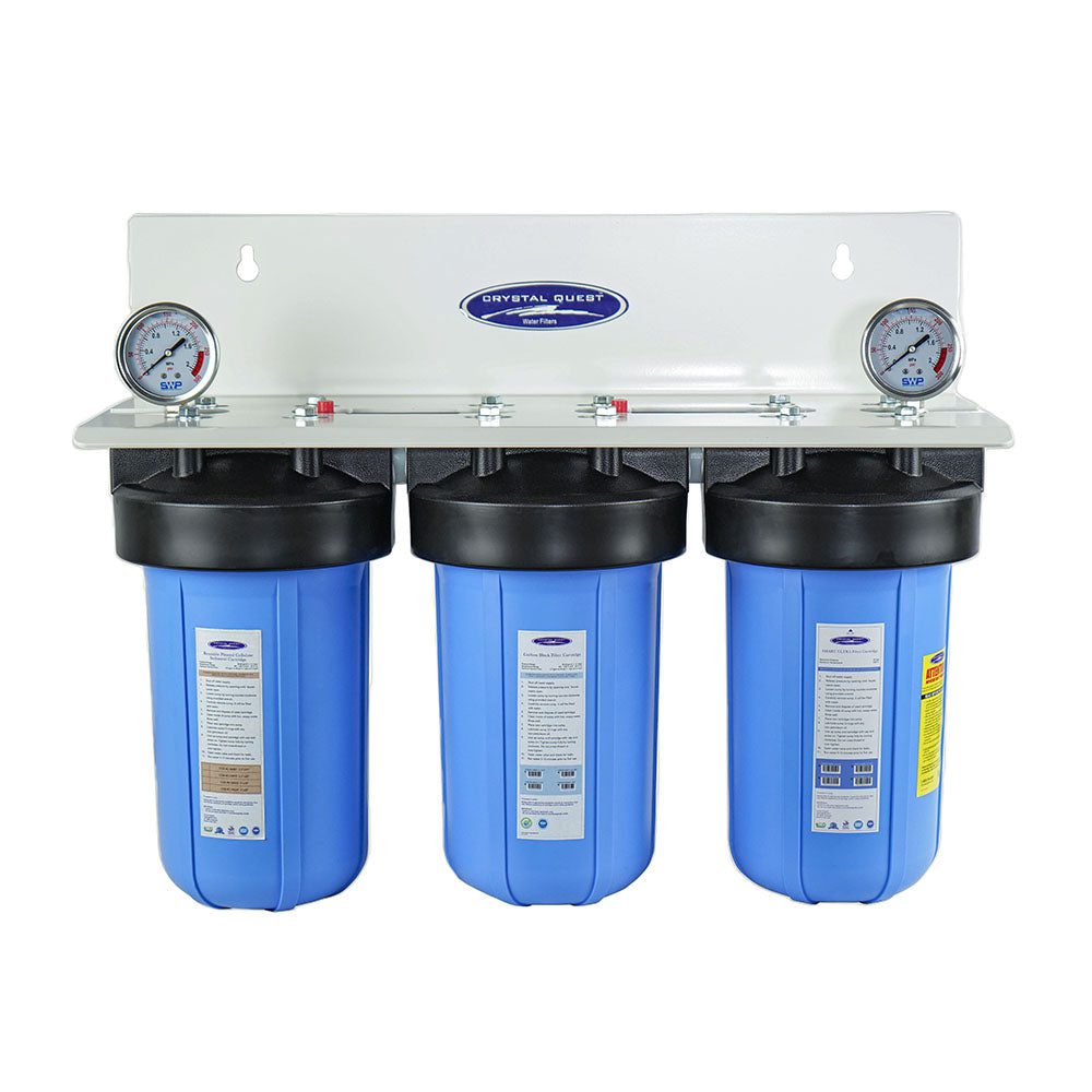 Three-stage water filter system with pressure gauges