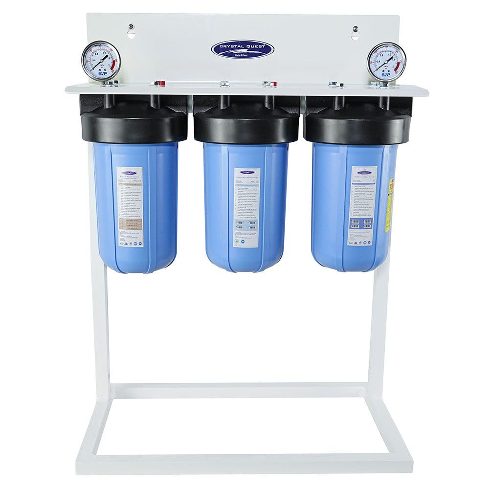 Three blue water filters with pressure gauges
