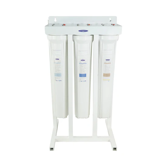 Three-stage water filtration system on stand