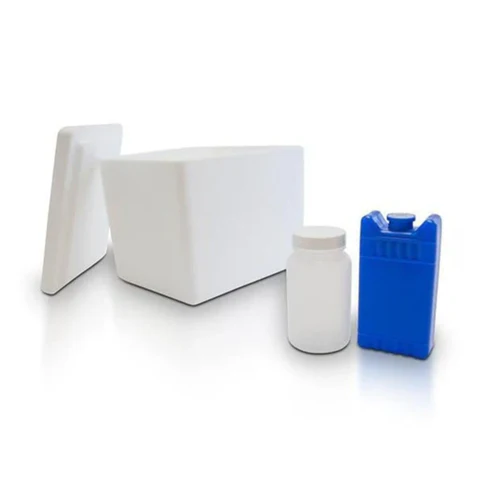 White foam cooler, plastic bottle, blue ice pack