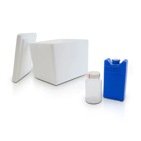 Insulated shipping cooler with blue ice pack and vial