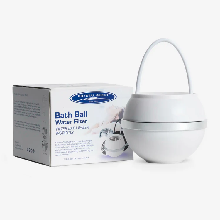 White bath ball water filter with packaging