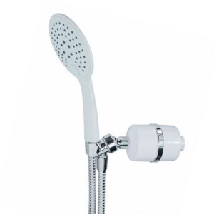 White handheld shower head with inline water filter