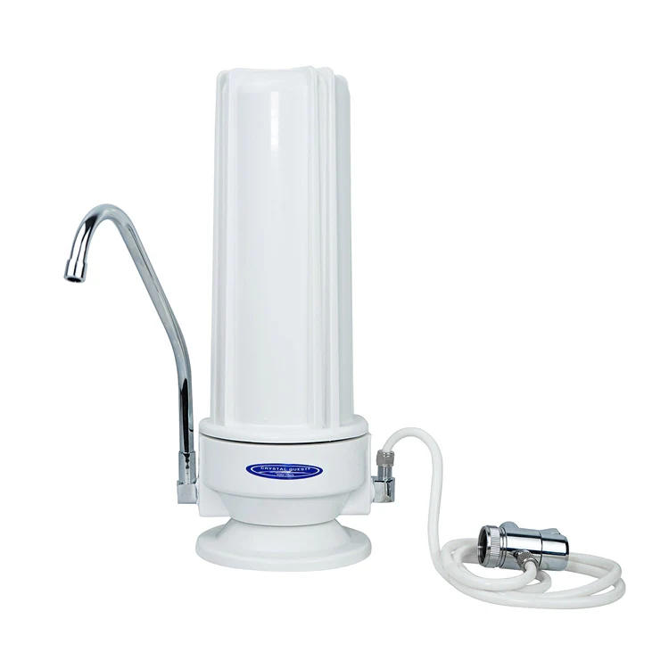 White countertop water filter with chrome faucet